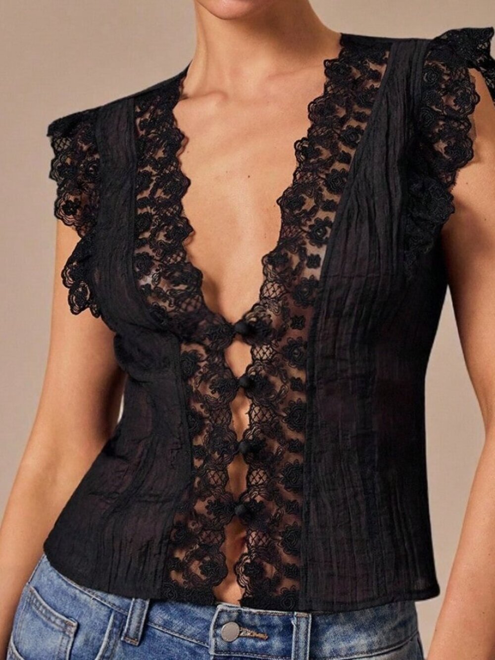 Black Sexy Women's Lace Sleeveless V-Neck Minimalist Top
